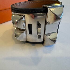 Hermes Collier de Chien bracelet Black Leather palladium-plated hardware.